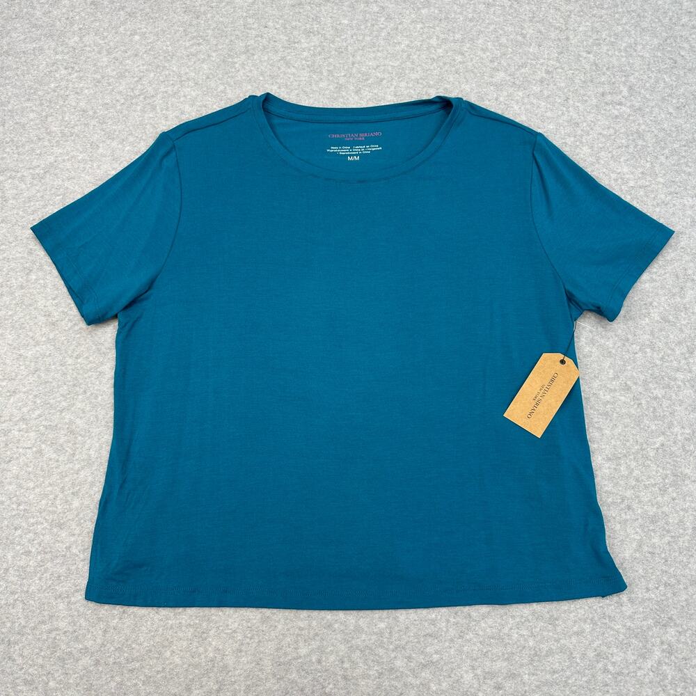 Christian Siriano Short Sleeve Shirt WMNS M Teal Crewneck Pullover Soft Stretch